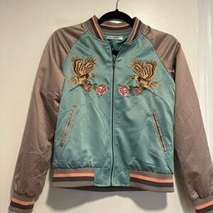 Glamorous Sz:XS Embroidered Eagle & Rose colorblock satin bomber Full Zip Jacket